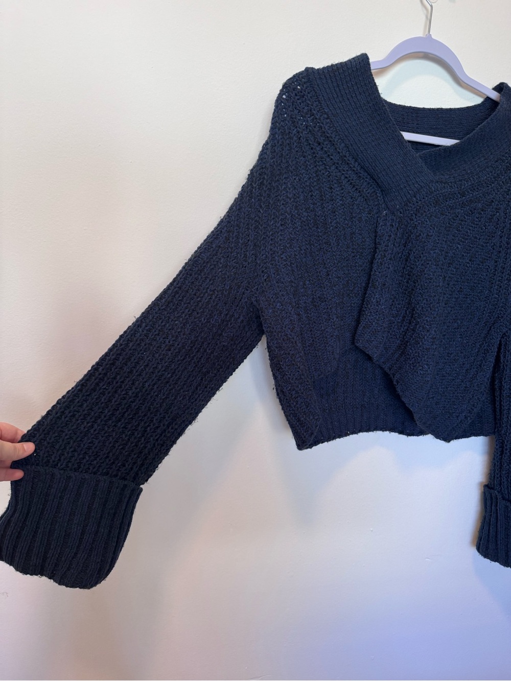 Cropped Black V-Neck Knit Sweater - Women